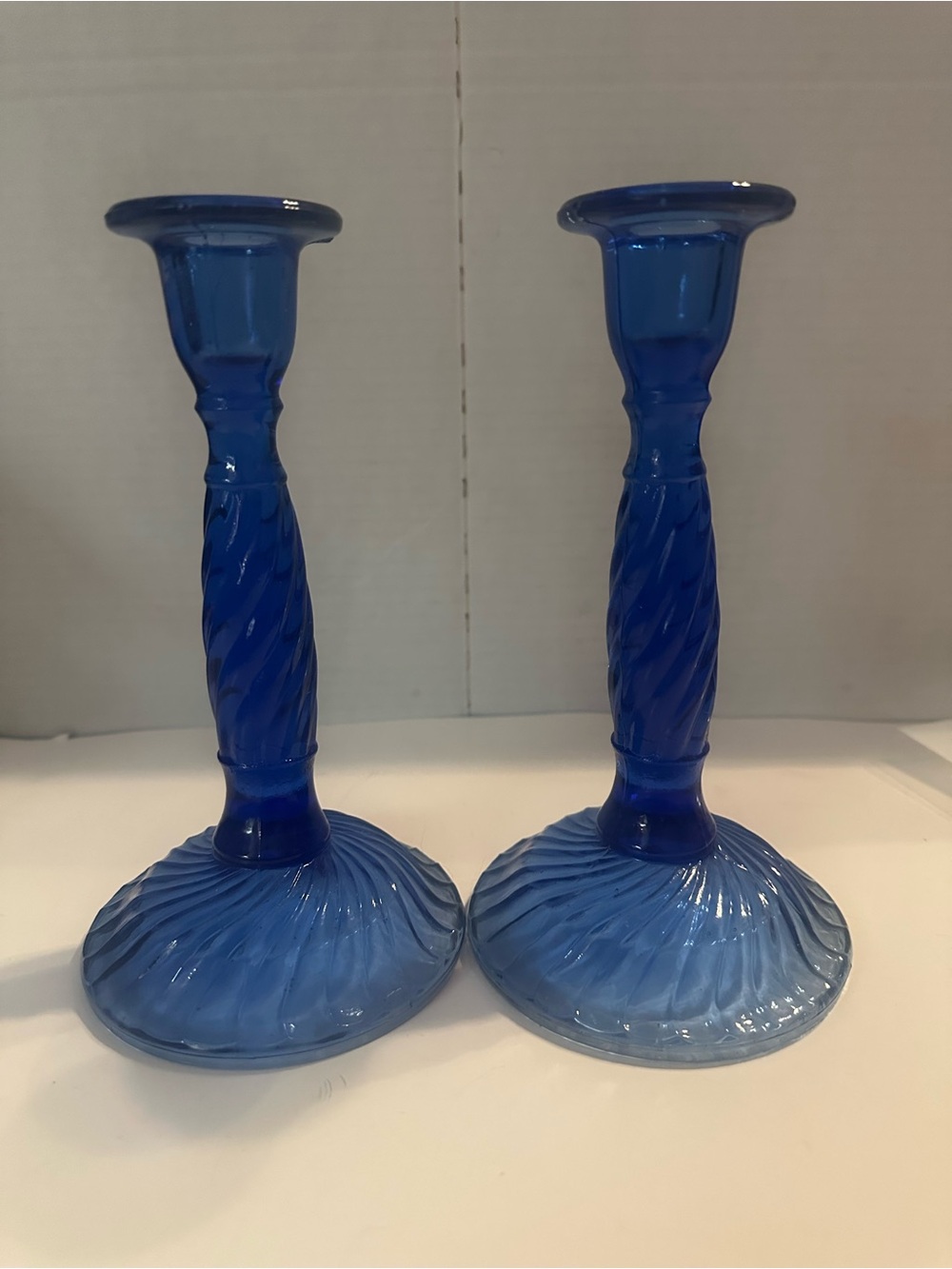 Pair of Cobalt Blue Swirl Glass Candle Holders